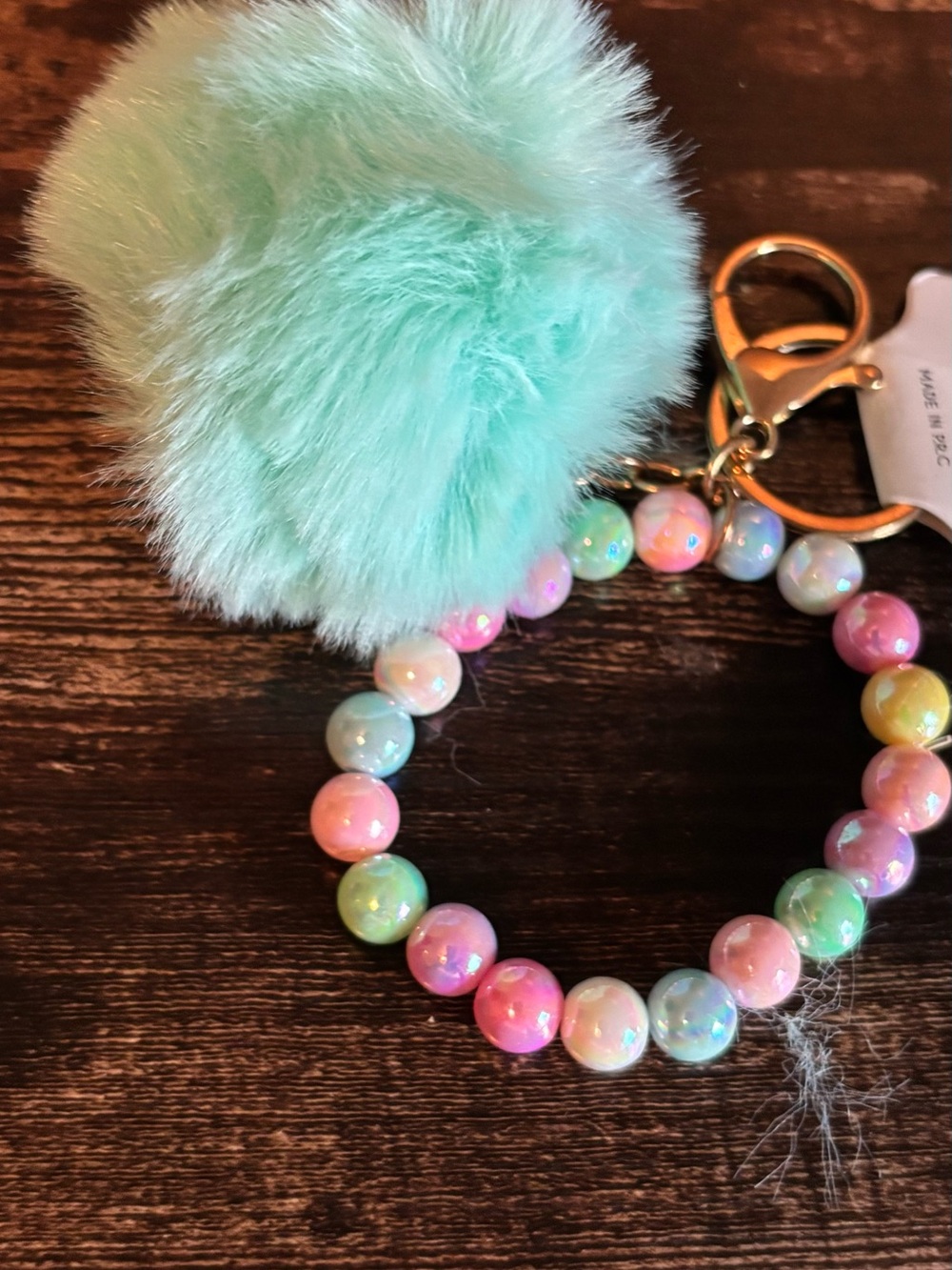Pastel Beaded Wrist Keychain with Mint Pom Pom